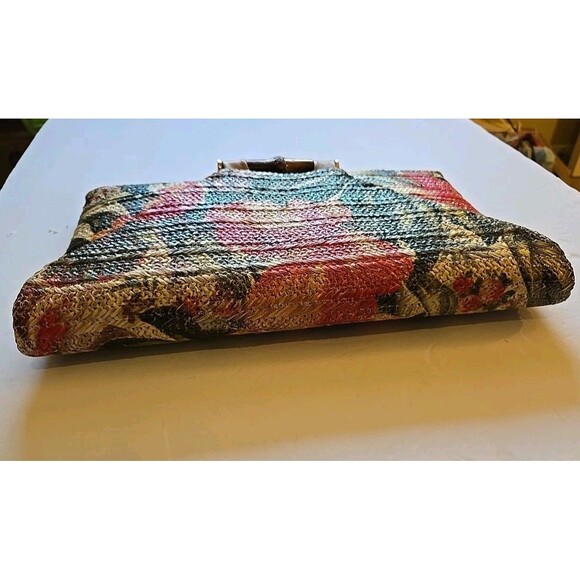 Sondra Roberts Squared Raffia Purse NEW Multicolor Floral Bamboo Clasp -oc- - Picture 10 of 16